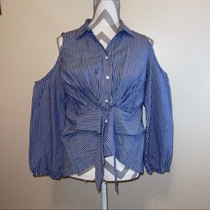 A Hint of Blush Blue Striped Button Down Knot Cold Shoulder Cut Out Button Top M